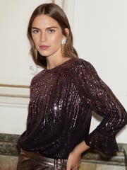 Love & Roses Pink Ombre Petite Sequin Flute Sleeve Blouse - Image 4 of 4