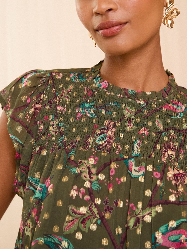 Love & Roses Khaki Green Floral Flutter Sleeve Shell Top - Image 2 of 4
