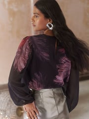 Love & Roses Red Petite Printed Feather Crew Neck Fluted Sleeve Blouse - Image 3 of 4