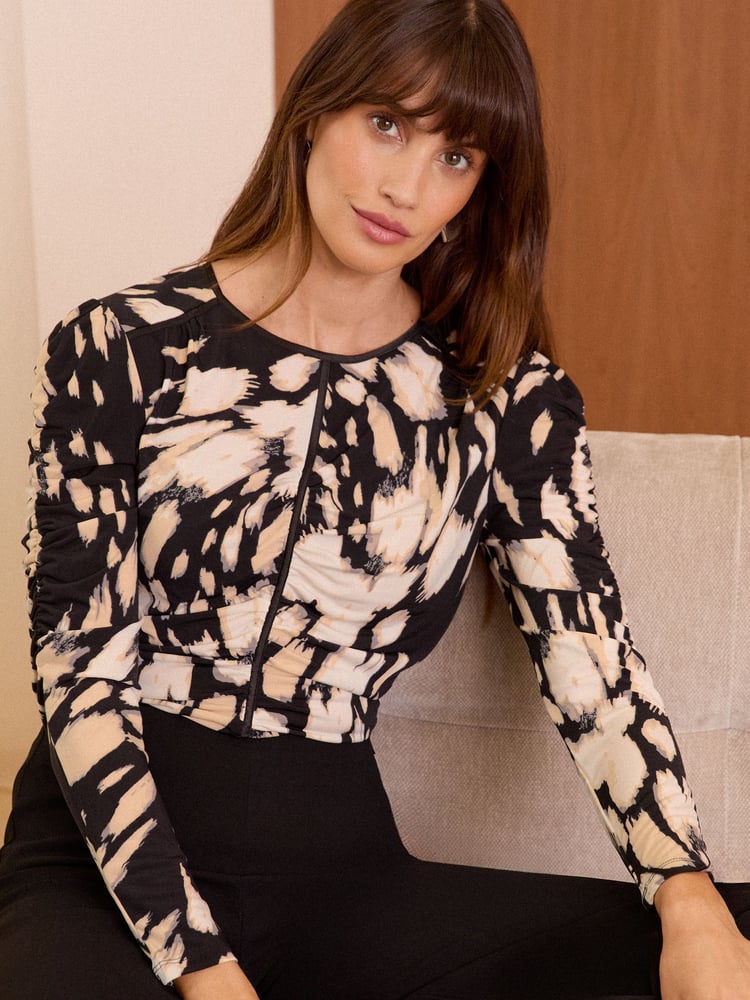 Love & Roses Black and White Animal Ruched Front Jersey Blouse - Image 1 of 4