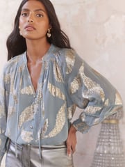 Love & Roses Grey Feather Petite Metallic Shirred Cuff Blouse - Image 1 of 4