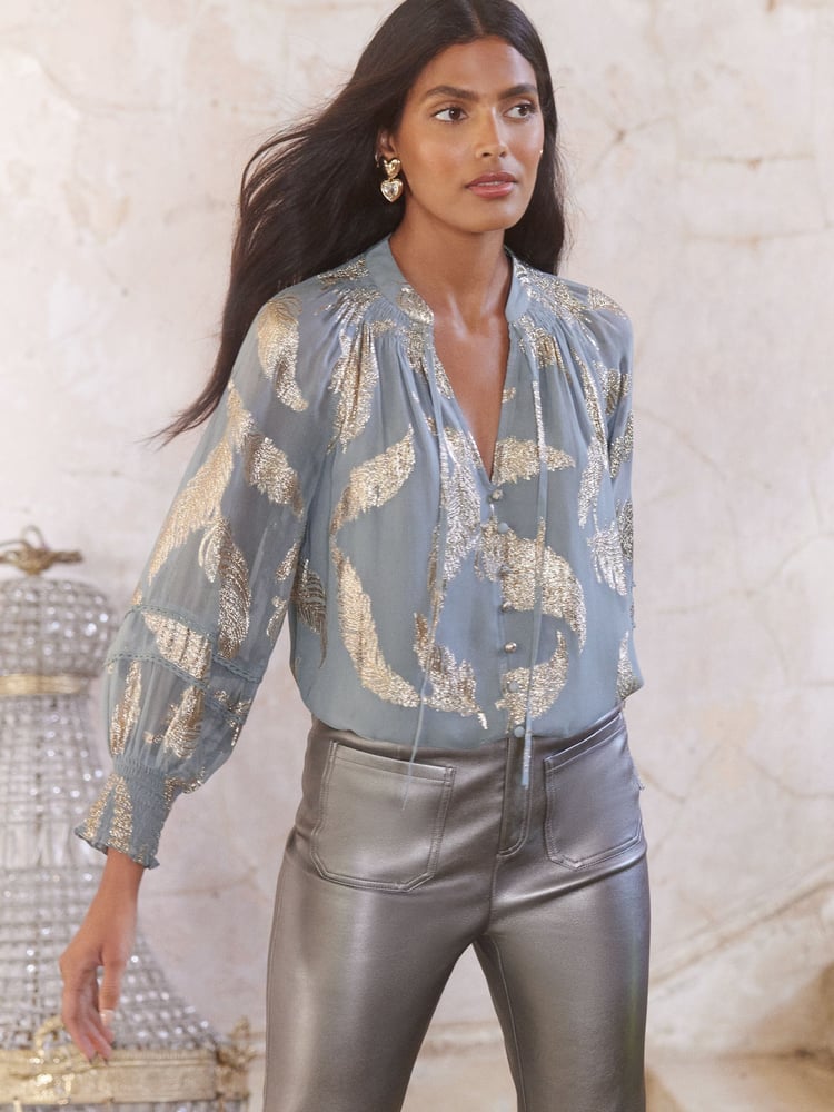 Love & Roses Grey Feather Petite Metallic Shirred Cuff Blouse - Image 2 of 4
