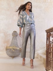Love & Roses Grey Feather Petite Metallic Shirred Cuff Blouse - Image 3 of 4