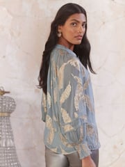 Love & Roses Grey Feather Petite Metallic Shirred Cuff Blouse - Image 4 of 4
