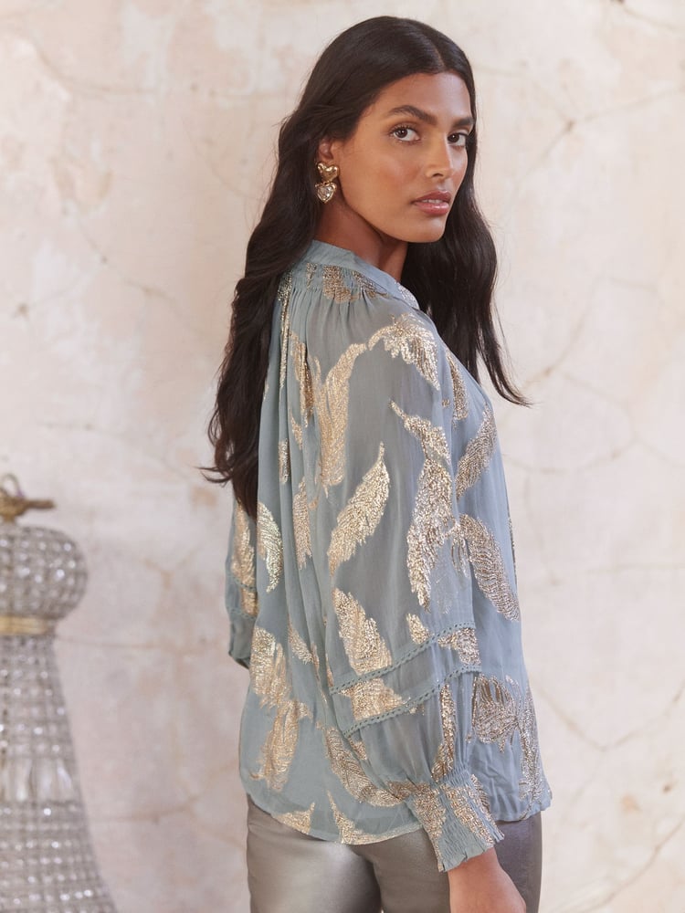 Love & Roses Grey Feather Petite Metallic Shirred Cuff Blouse - Image 4 of 4