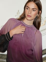 Love & Roses Pink Ombre Printed Crystal Trim Crew Neck Poet Sleeve Blouse - Image 2 of 4
