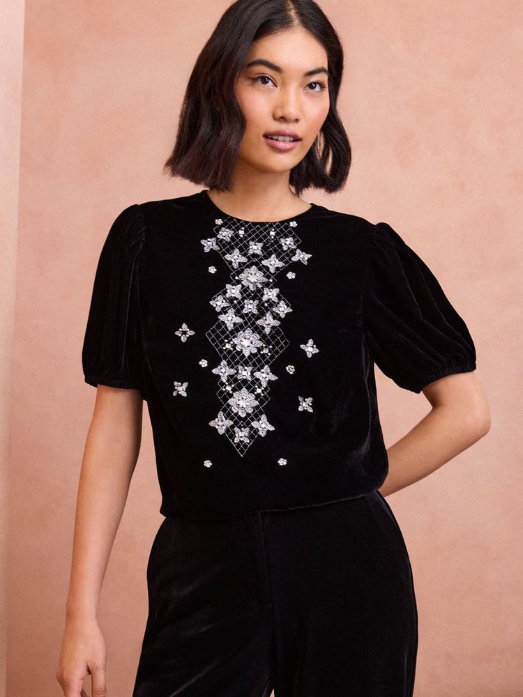Love & Roses Black Petite Velvet Crystal Puff Sleeve Top - Image 1 of 4