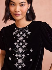 Love & Roses Black Petite Velvet Crystal Puff Sleeve Top - Image 2 of 4