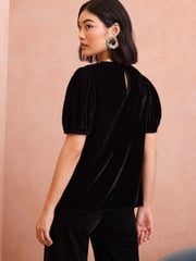 Love & Roses Black Petite Velvet Crystal Puff Sleeve Top - Image 4 of 4