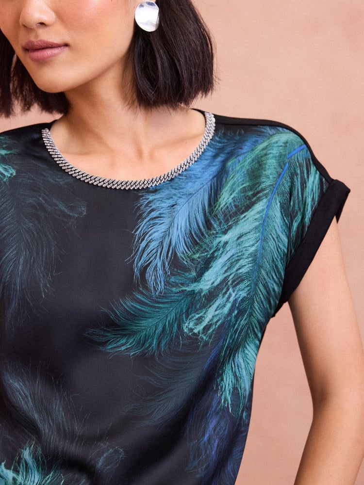 Love & Roses Black Feather Print Satin Front Embellished Neck Jersey Blouse - Image 2 of 4