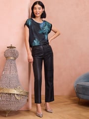 Love & Roses Black Feather Print Satin Front Embellished Neck Jersey Blouse - Image 3 of 4