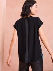 Love & Roses Black Feather Print Satin Front Embellished Neck Jersey Blouse - Image 4 of 4