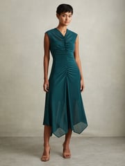 Reiss Teal Lyra Mesh Ruched Midi Dress - Image 1 of 5