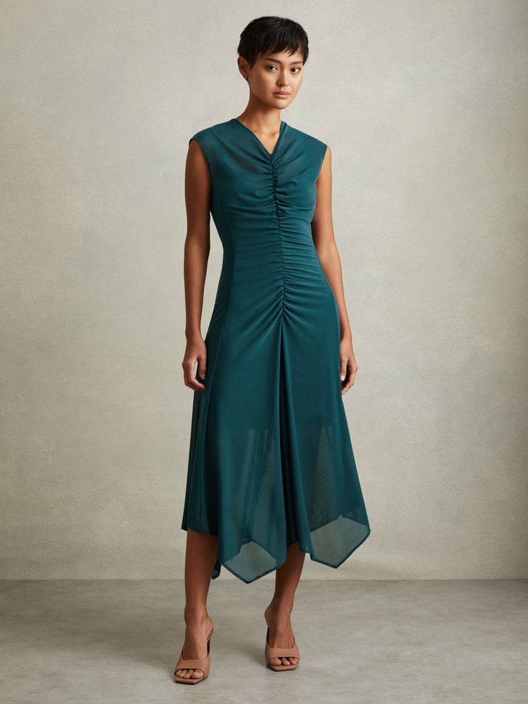 Reiss Teal Lyra Mesh Ruched Midi Dress - Image 1 of 5