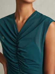 Reiss Teal Lyra Mesh Ruched Midi Dress - Image 3 of 5