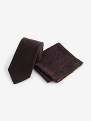 Brown/Navy Blue Navajo Style Silk Tie And Pocket Square Set - Image 1 of 5