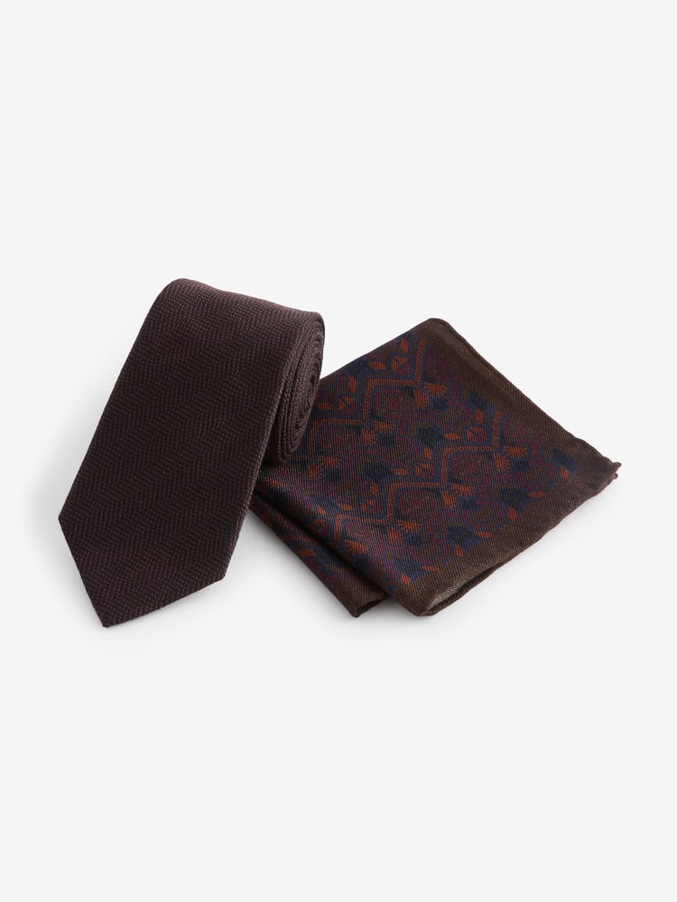 Brown/Navy Blue Navajo Style Silk Tie And Pocket Square Set - Image 1 of 5