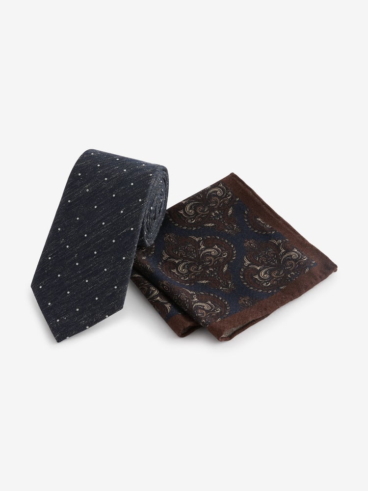 Navy Blue Polka Dot/Paisley Silk Tie And Pocket Square Set - Image 1 of 5