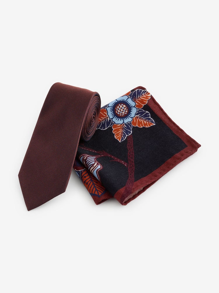 Rust Brown/Floral Silk Tie And Pocket Square Set - Image 1 of 5