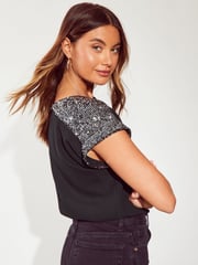 Friends Like These Black Gold Sequin Emebellished T-Shirt - Image 1 of 4
