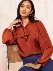 Friends Like These Red Pussy Bow Tie Front Long Sleeve Blouse - Image 1 of 4