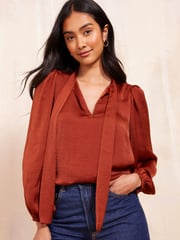 Friends Like These Red Pussy Bow Tie Front Long Sleeve Blouse - Image 3 of 4