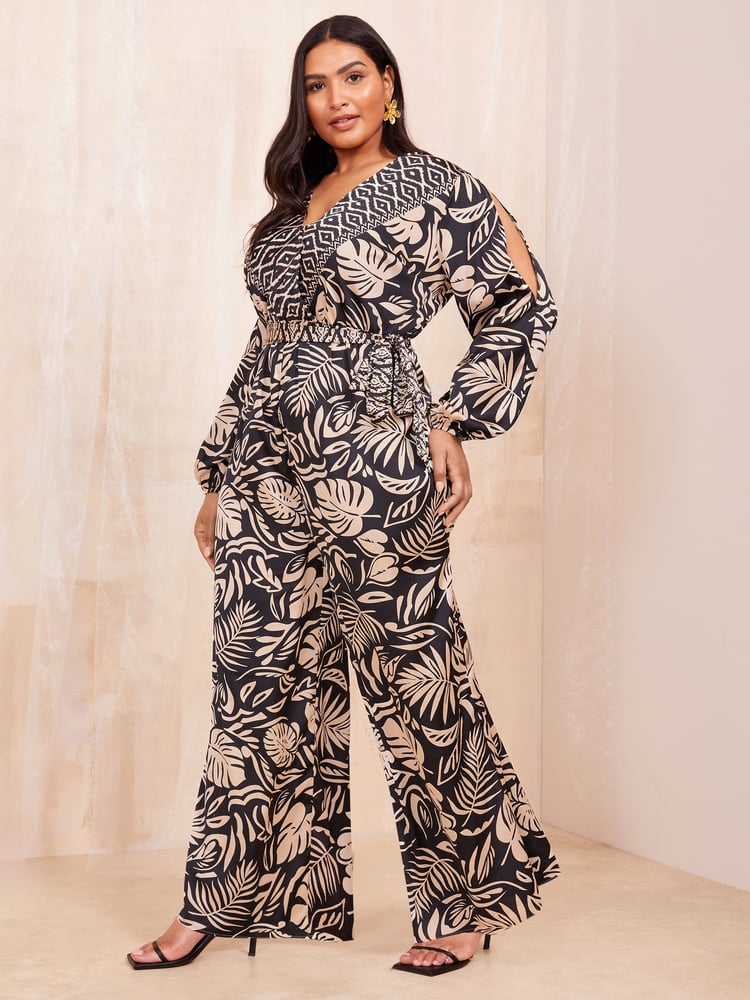 Curves Like These Black/White Long Sleeve Wrap Jumpsuit - Image 2 of 4
