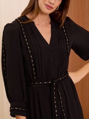 Love & Roses Black Stud Trim Detail Belted Midi Dress - Image 2 of 4