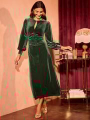 Love & Roses Green Velvet Textured Ruched Front Midi Dress - Image 1 of 4