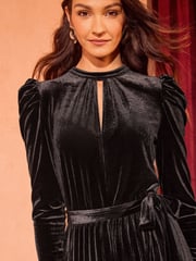 Love & Roses Black Velvet Pleated Skirt Twist Neck Long Sleeve Midi Dress - Image 2 of 4