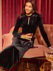Love & Roses Black Velvet Pleated Skirt Twist Neck Long Sleeve Midi Dress - Image 3 of 4