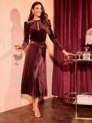Love & Roses Red Velvet Pleated Skirt Twist Neck Long Sleeve Midi Dress - Image 1 of 4
