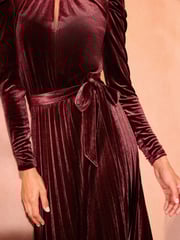Love & Roses Red Velvet Pleated Skirt Twist Neck Long Sleeve Midi Dress - Image 2 of 4