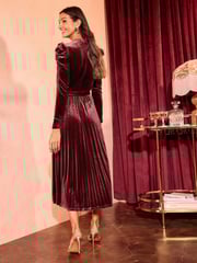 Love & Roses Red Velvet Pleated Skirt Twist Neck Long Sleeve Midi Dress - Image 4 of 4