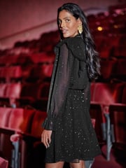 Love & Roses Black Glitter Star Cape Mini Dress with Sleeve - Image 4 of 4