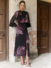 Love & Roses Purple Flute Sleeve Feather Print Midi Dress - Image 1 of 4