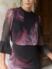Love & Roses Purple Flute Sleeve Feather Print Midi Dress - Image 2 of 4