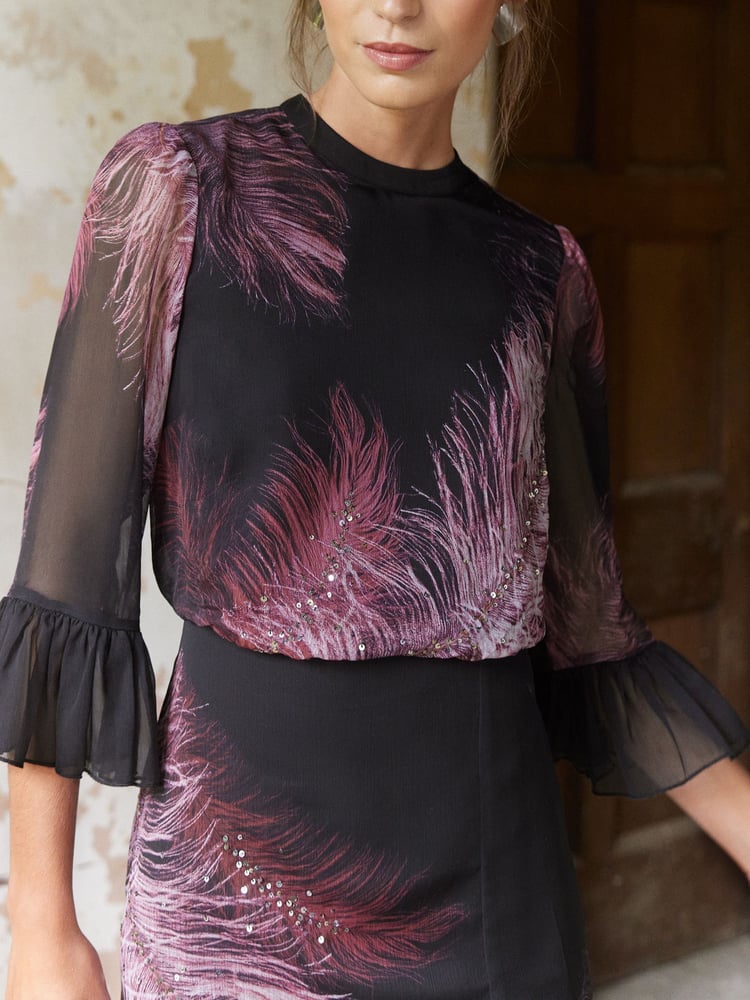 Love & Roses Purple Flute Sleeve Feather Print Midi Dress - Image 2 of 4