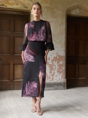 Love & Roses Purple Flute Sleeve Feather Print Midi Dress - Image 4 of 4