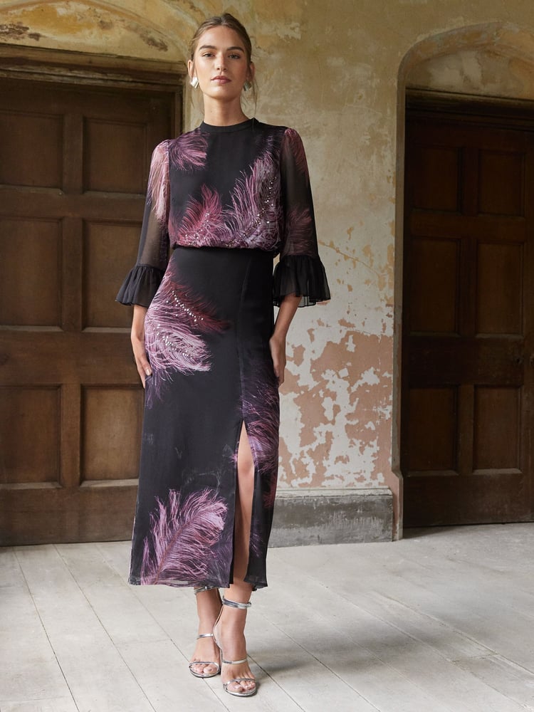 Love & Roses Purple Flute Sleeve Feather Print Midi Dress - Image 4 of 4