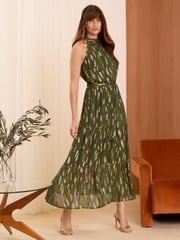 Love & Roses Khaki Green Metallic Halterneck Belted Ruffle Maxi Dress - Image 1 of 4