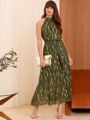 Love & Roses Khaki Green Metallic Halterneck Belted Ruffle Maxi Dress - Image 3 of 4