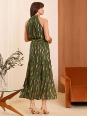 Love & Roses Khaki Green Metallic Halterneck Belted Ruffle Maxi Dress - Image 4 of 4