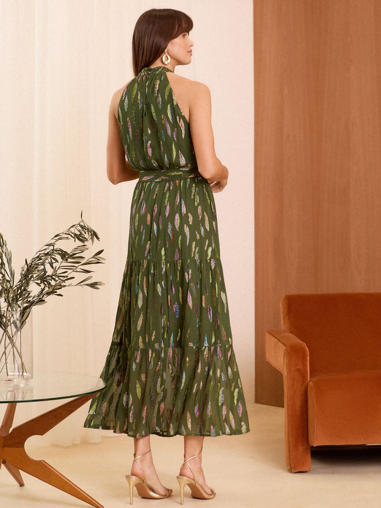 Love & Roses Khaki Green Metallic Halterneck Belted Ruffle Maxi Dress - Image 4 of 4