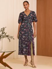 Love & Roses Green Bird Metallic Bird V Neck Puff Sleeve Midi Dress - Image 1 of 4