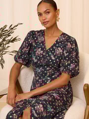 Love & Roses Green Bird Metallic Bird V Neck Puff Sleeve Midi Dress - Image 3 of 4
