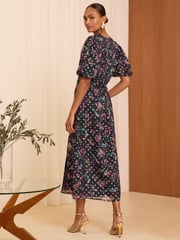 Love & Roses Green Bird Metallic Bird V Neck Puff Sleeve Midi Dress - Image 4 of 4