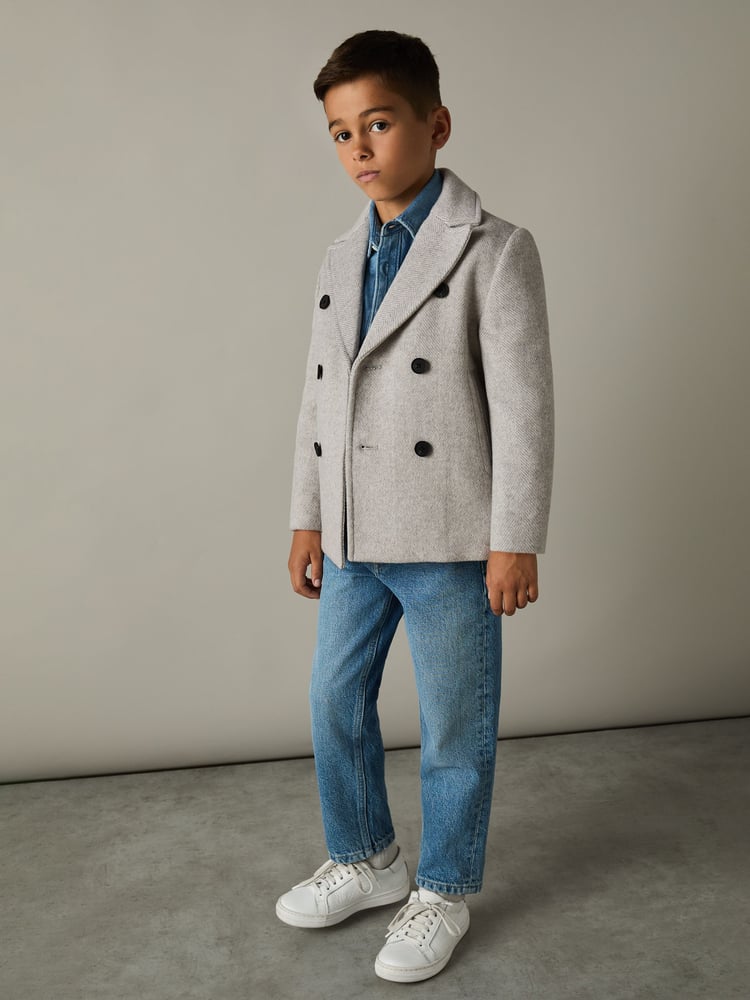 Reiss Soft Grey Melange Bergamo 3-9 yrs Wool-Blend Twill Double-Breasted Coat - Image 1 of 4