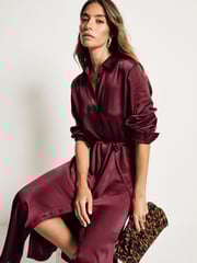 Burgundy Red Satin Midi Shirt Dress - Image 1 of 9