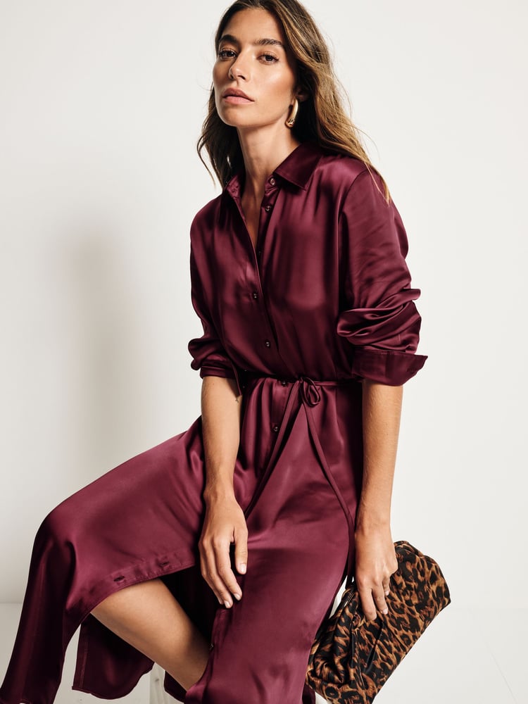 Burgundy Red Satin Midi Shirt Dress - Image 1 of 9